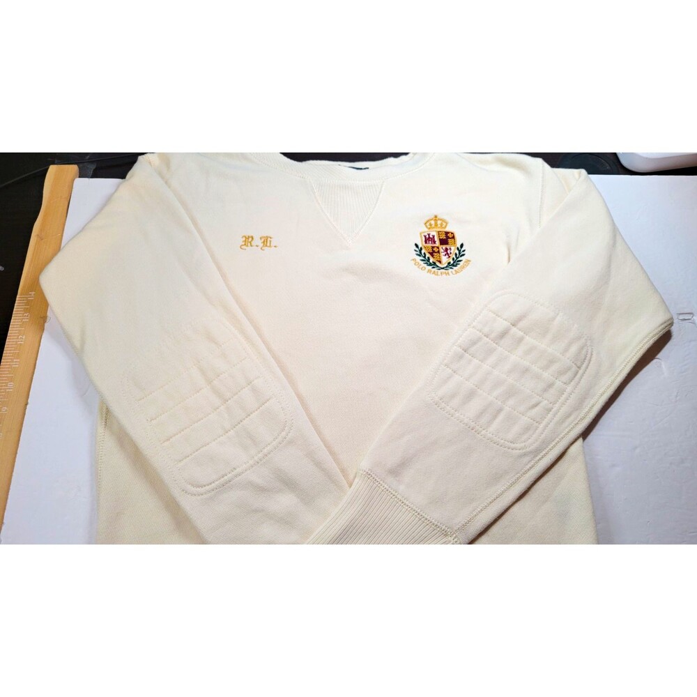 Vintage 90s Polo Ralph Lauren Crest Sweatshirt Cream Elbow Patches Heavyweight M